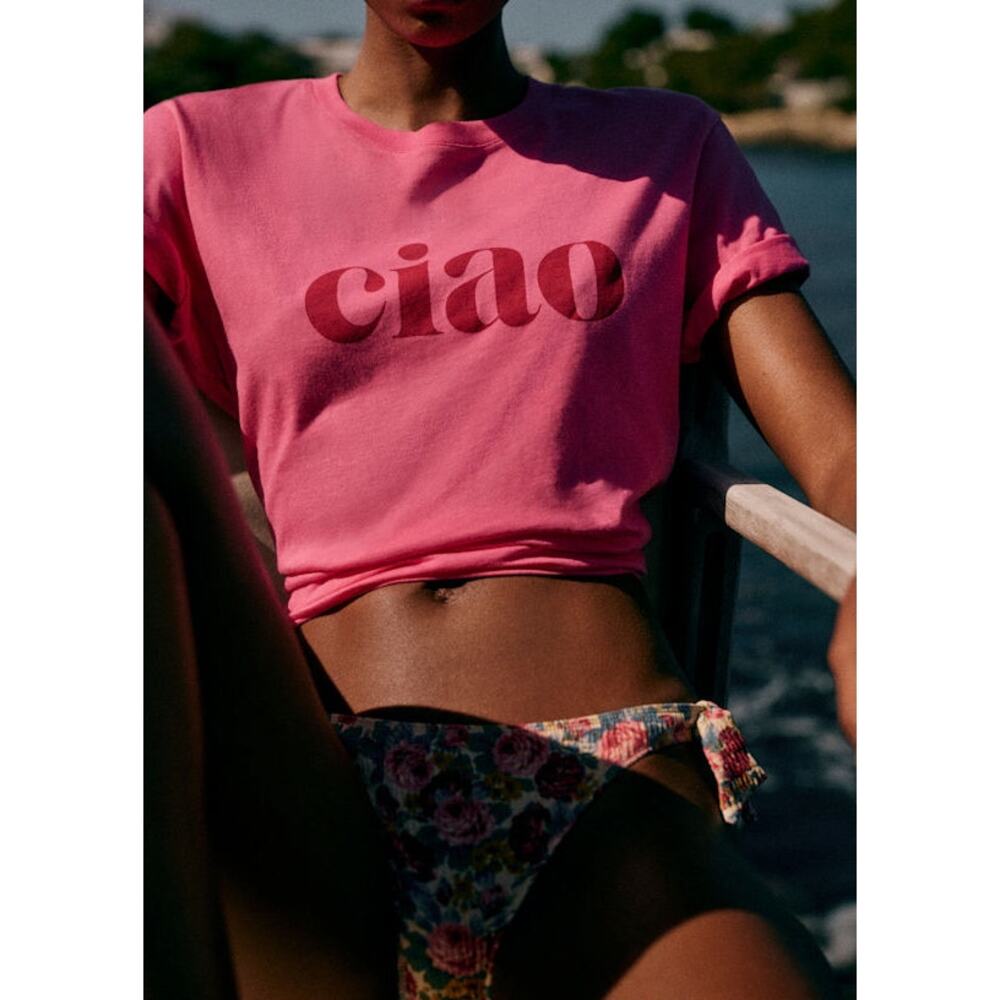 Sézane Ciao 100% Cotton T Shirt Pink French Relaxed Casual Graphic